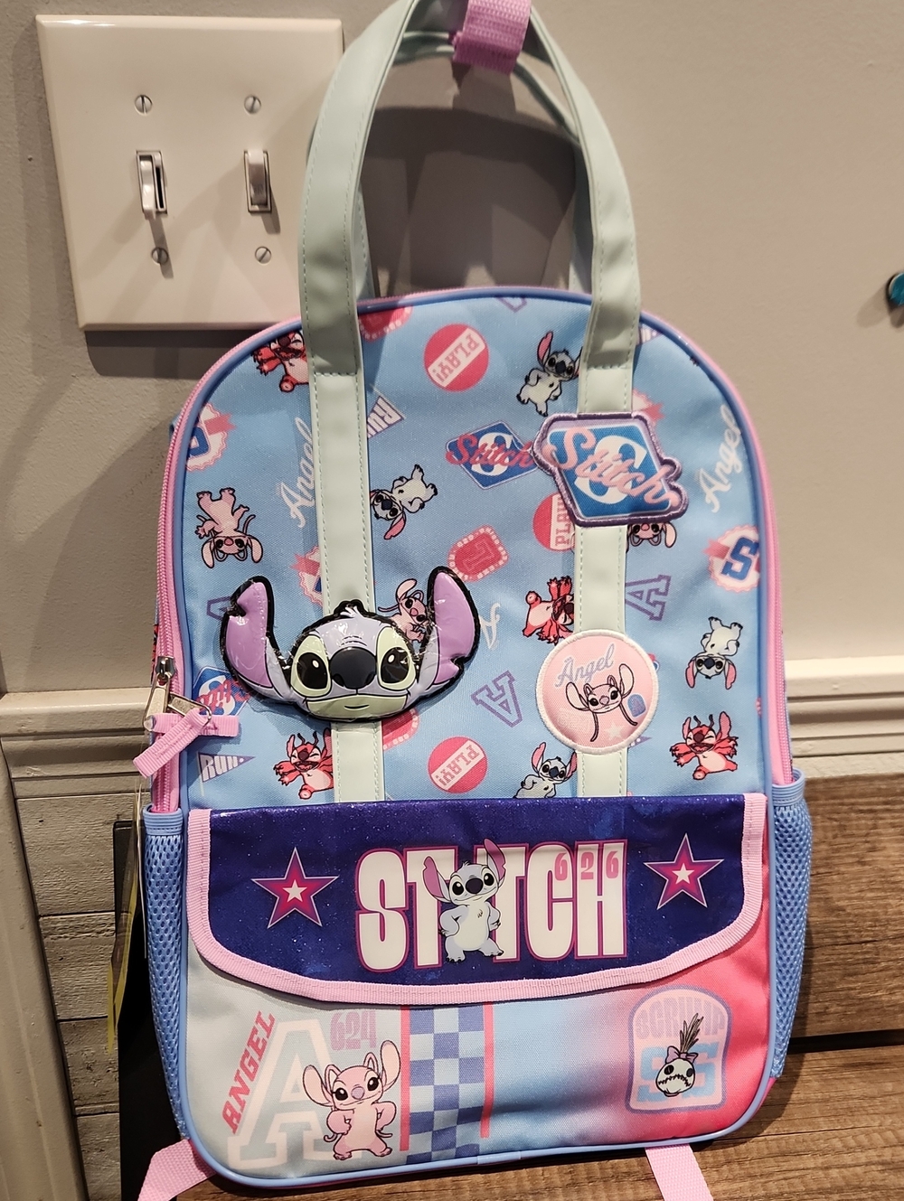 Disney Stitch Kids Backpack in Light Blue and Pink with Character Patches 17"